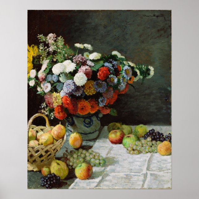 Monet - Stilleben med blommor och frukt Poster (Framsidan)