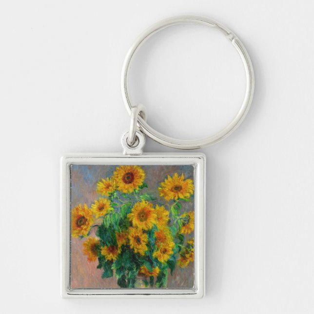 Monet Sunblommor Fyrkantig Silverfärgad Nyckelring (Framsidan)