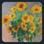 Monet Sunblommor Fyrkantigt Klistermärke<br><div class="desc">Stickers med Claude Monets oljemålning Bouquet of Sunwers (1881). Fina solblommor i blå vas vid ett rött bord. En underbar gåva till fläkt av imponsionism och Fransk konst.</div>