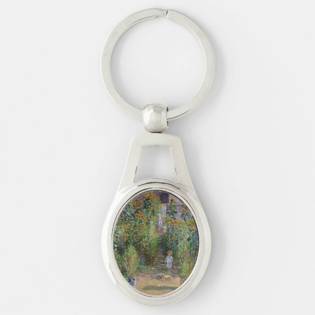 Monet Trädgård Vetheuil Impressionistisk Blomster  Ovalt Silverfärgad Nyckelring (Framsidan)