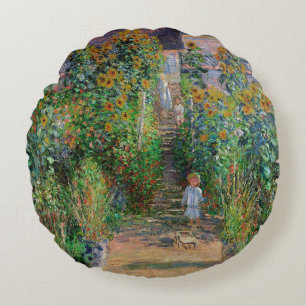 Monet Trädgård Vetheuil Impressionistisk Blomster Rund Kudde