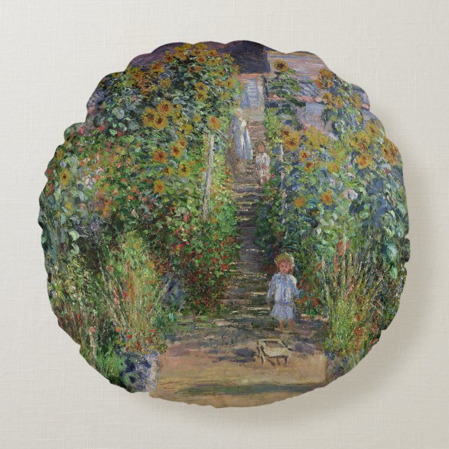 Monet Trädgård Vetheuil Impressionistisk Blomster  Rund Kudde (Framsidan)