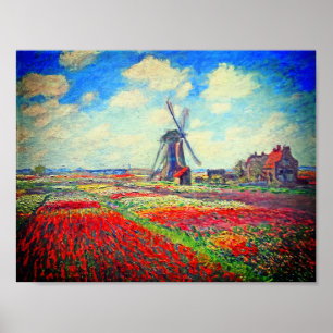 Monet Tulip Fält Kvarn Poster