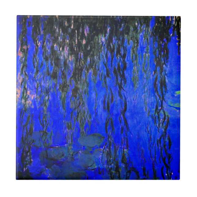 Monet Vatten Lilies och Weeping Willow Grenar Kakelplatta (Framsidan)