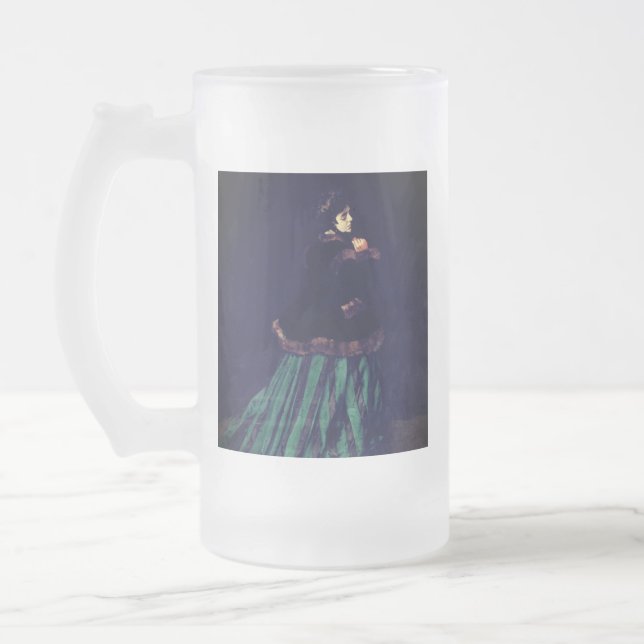 Monet Woman i Grönt Dress Frostat Ölglas (Vänster)