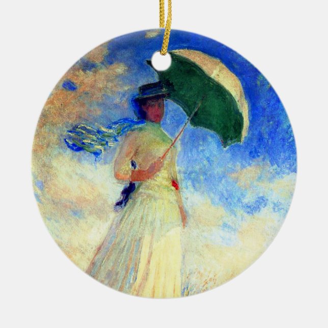 Monet Woman med Parasol Facing Höger Julgransprydnad Keramik (Framsidan)