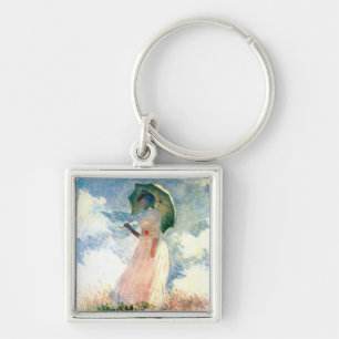 Monet Woman med Parasol Facing Lämnat Fyrkantig Silverfärgad Nyckelring