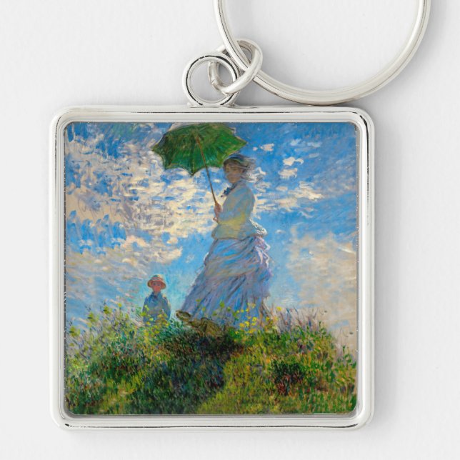 Monet Woman Parasol Impressionism Fyrkantig Silverfärgad Nyckelring (Framsidan)