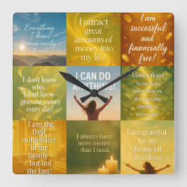 Money affirmation fyrkantig klocka