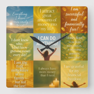 Money affirmation fyrkantig klocka