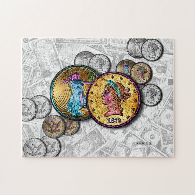 Money Big Mynt Guld Dollar Puzzle Pussel (Horisontell)
