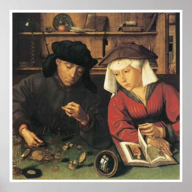 Money Changer och hans fru, 1514 Quentin Metsys Poster (Framsidan)
