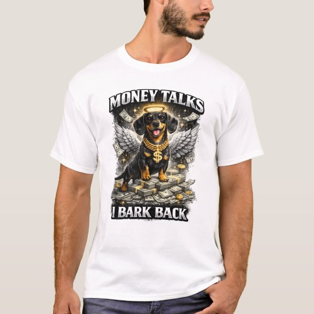 Money Dog Angel Rich Black Dog Funny Design T Shirt (Framsida)