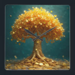Money tree wall clock fyrkantig klocka<br><div class="desc">Money tree wall clock good luck</div>