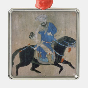 Mongol bågskytt på hästrygg julgransprydnad metall