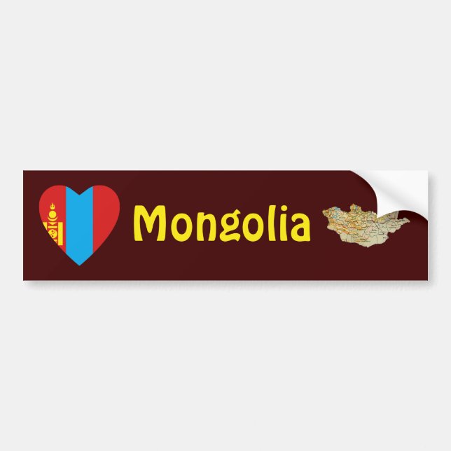 Mongolia Flagga Heart + Karta Bumper Sticker Bildekal (Framsidan)