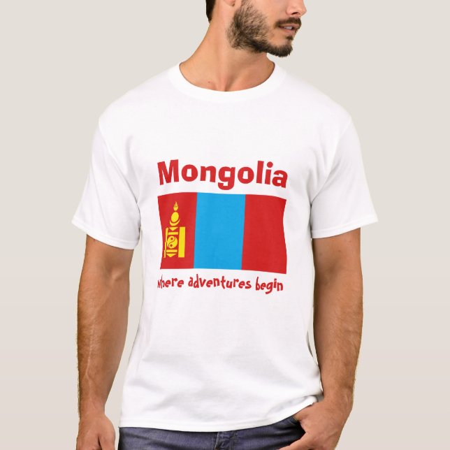 Mongoliet flagg + karta + text t-shirt (Framsida)