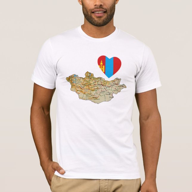 Mongoliet Flagga Hjärta och Karta T-Shirt (Framsida)