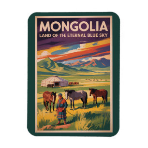 Mongoliet Häst Yurt Illustration Resa Konst Retro Magnet