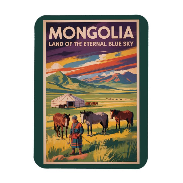 Mongoliet Häst Yurt Illustration Resa Konst Retro Magnet (Vertikal)