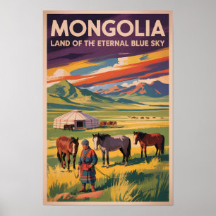 Mongoliet Häst Yurt Illustration Resa Konst Retro Poster