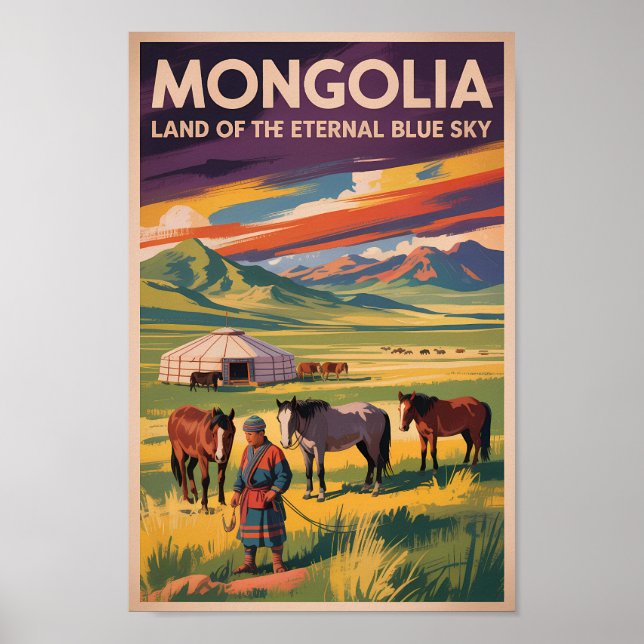 Mongoliet Häst Yurt Illustration Resa Konst Retro Poster (Framsidan)