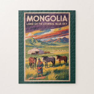 Mongoliet Häst Yurt Illustration Resa Konst Retro Pussel