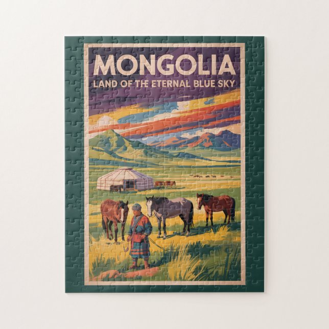 Mongoliet Häst Yurt Illustration Resa Konst Retro Pussel (Vertikal)