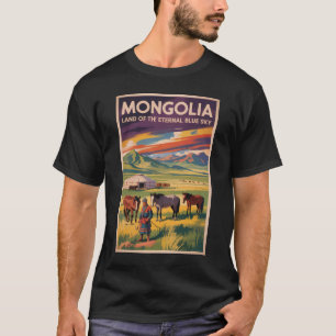 Mongoliet Häst Yurt Illustration Resa Konst Retro T Shirt