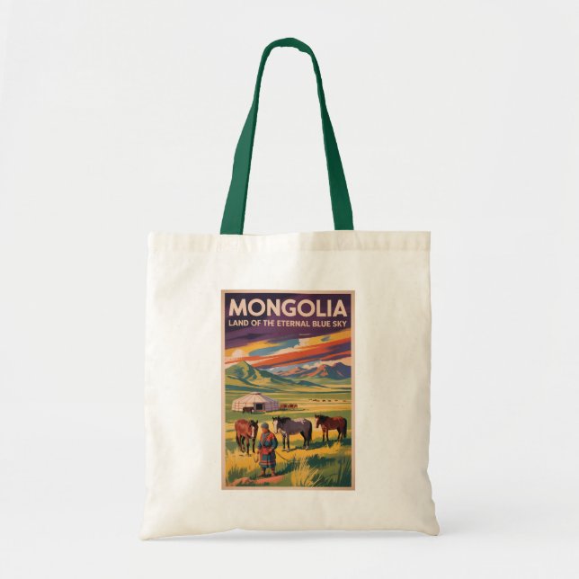 Mongoliet Häst Yurt Illustration Resa Konst Retro Tygkasse (Framsidan)