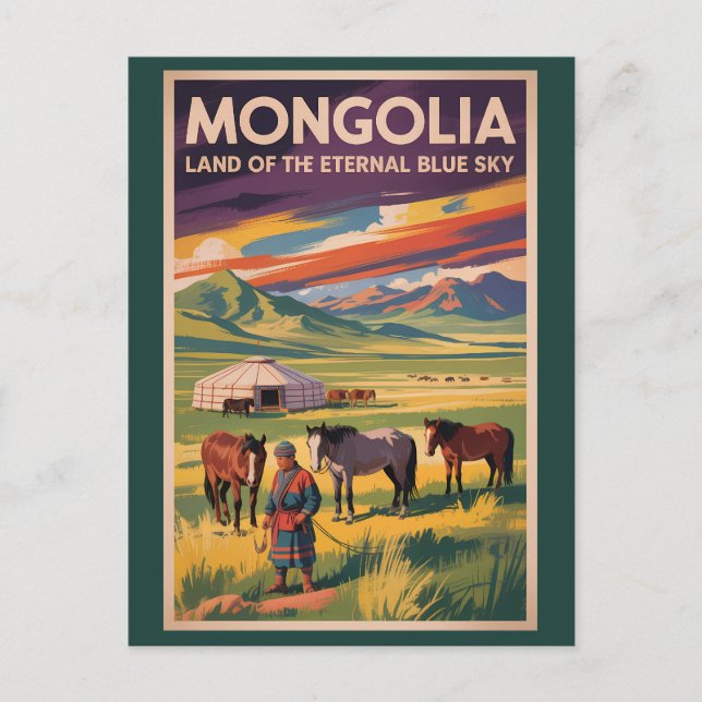 Mongoliet Häst Yurt Illustration Resa Konst Retro Vykort (Framsida)