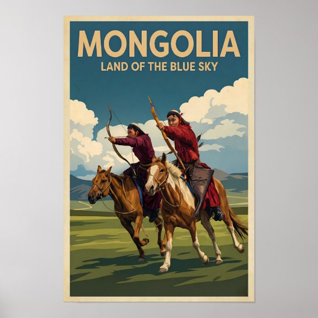 Mongoliet ryttare illustration resa konst vintage poster (Framsidan)