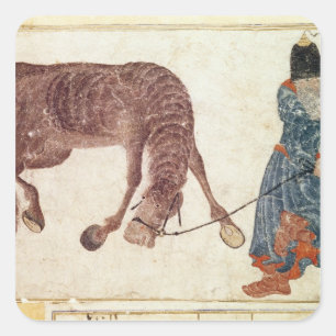 Mongolisk nomad som tar sin häst till vatten fyrkantigt klistermärke