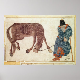 Mongolisk nomad som tar sin häst till vatten poster