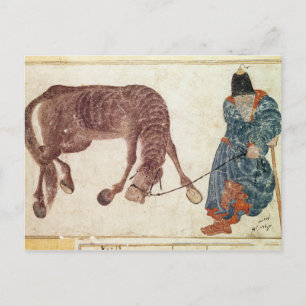 Mongolisk nomad som tar sin häst till vatten vykort