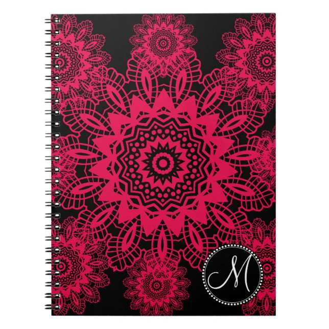 Mongram Black Shock rosa Fuchsia Snöre Snowflake Anteckningsbok Med Spiral (Framsidan)