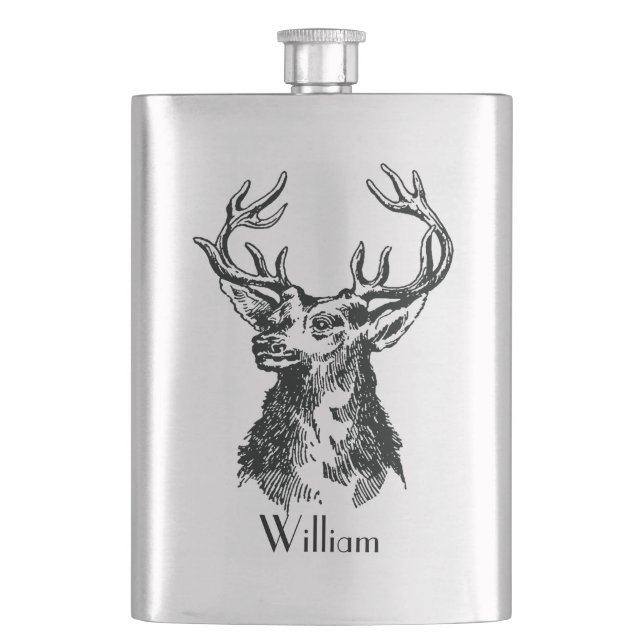 Mongram fullvuxen hankronhjorthuvud med horn på fickplunta (Framsidan)