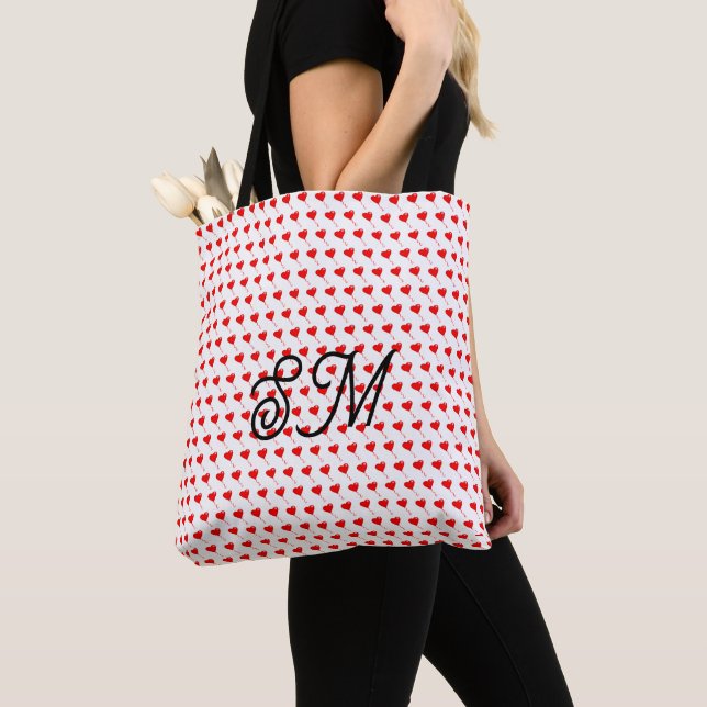 Mongram Rött Hjärta Girly Ballong Vit All Print Tygkasse (Närbild)