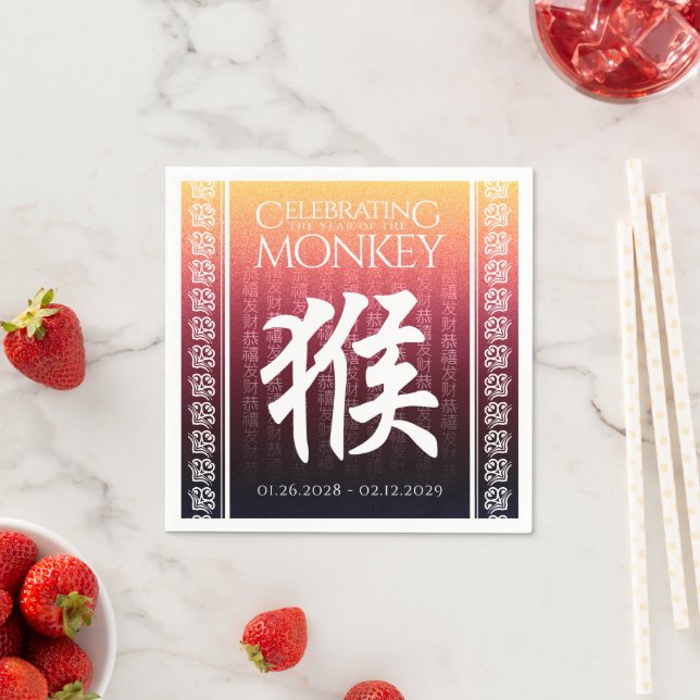 Monkey 猴 Red Guld Chinese Zodiac Lunar Symbol Pappersservett (Insitu)