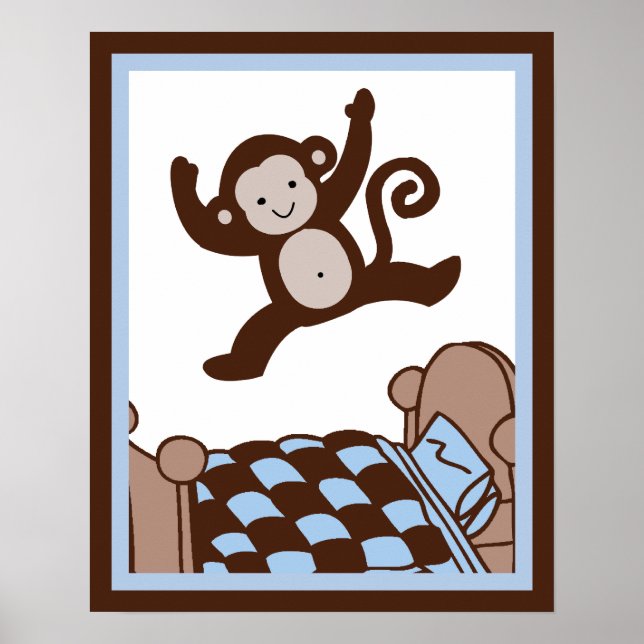 Monkey 3-jumpin på Bed Wall Art-Poster/Skriv ut Poster (Framsidan)