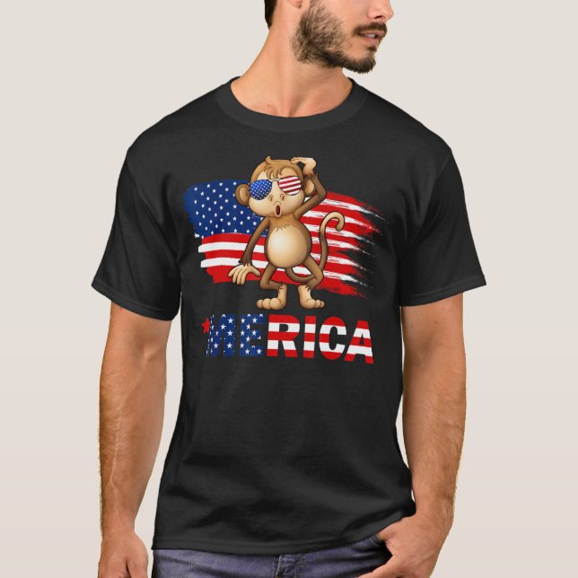 Monkey American Flagga Sunglasses Merica 4:e Jul T Shirt (Framsida)