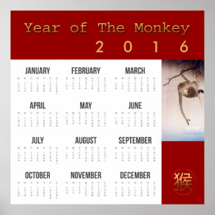 Monkey År Kalender Stor Poster 2016 Japanska