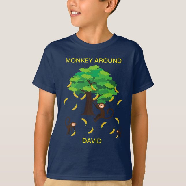 "Monkey Around" apor som reser bananer T Shirt (Framsida)