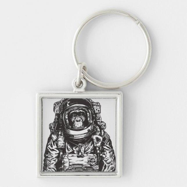 Monkey Astronaut Fyrkantig Silverfärgad Nyckelring (Framsidan)