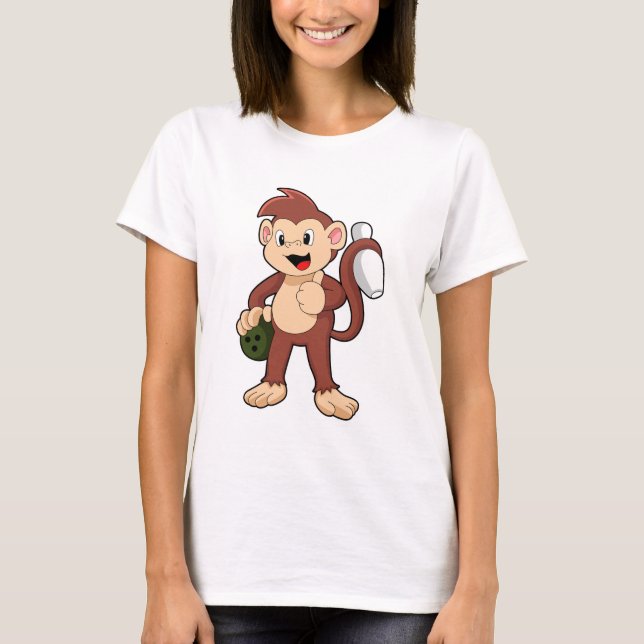 Monkey at Bowling with Bowling ball T Shirt (Framsida)