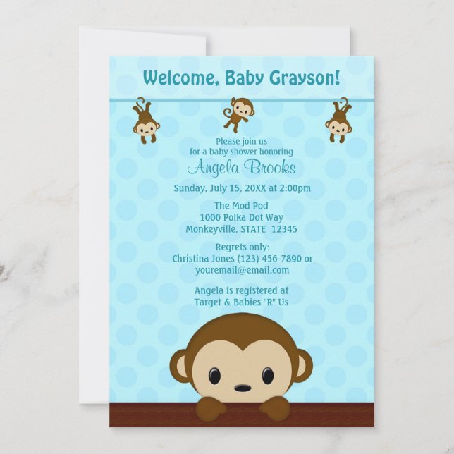 MonKEY Baby Shower-inbjudan Polka Dot BLUE MPP3 Inbjudningar (Framsida)