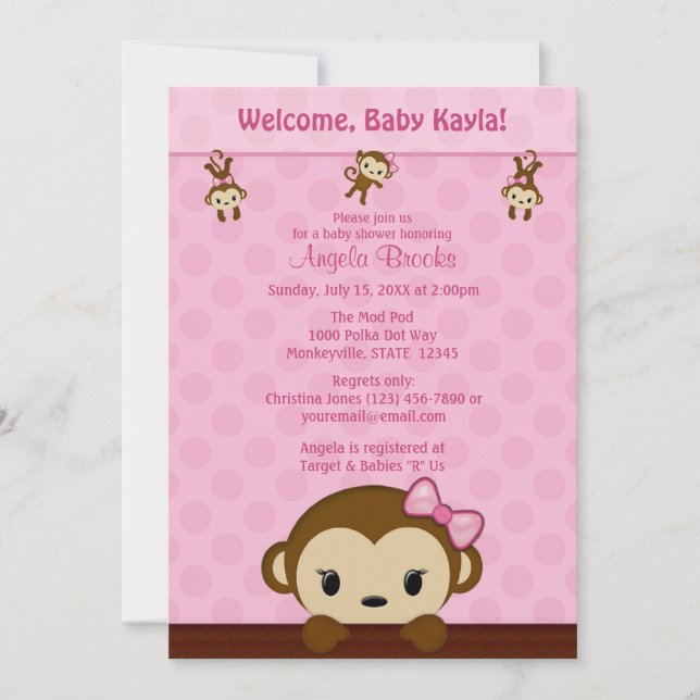 MonKEY Baby Shower-inbjudan Polka Dot ROSA GIRL Inbjudningar (Framsida)