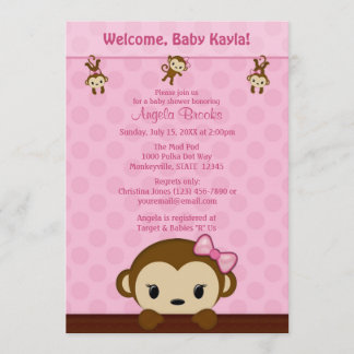MonKEY Baby Shower-inbjudan Polka Dot ROSA GIRL Inbjudningar
