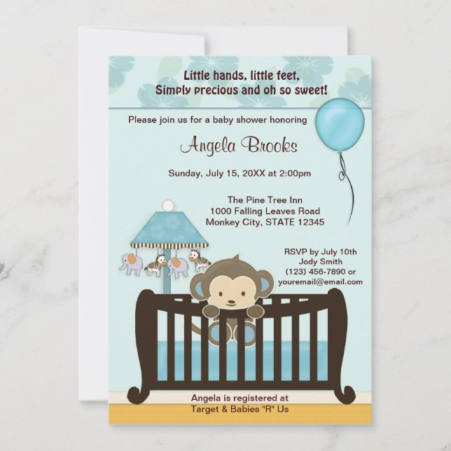 MonKEY Baby Shower Investigation Crib CJ-BLUE boy Inbjudningar (Framsida)