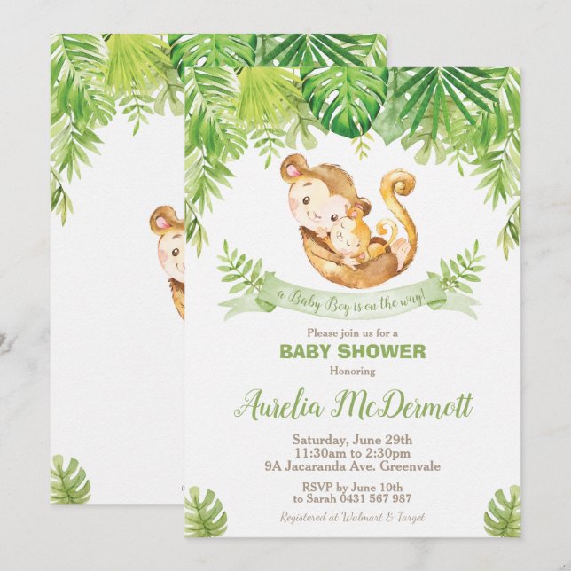 Monkey Baby Shower Jungle Animals Pojke Inbjudningar (Fram/baksida)
